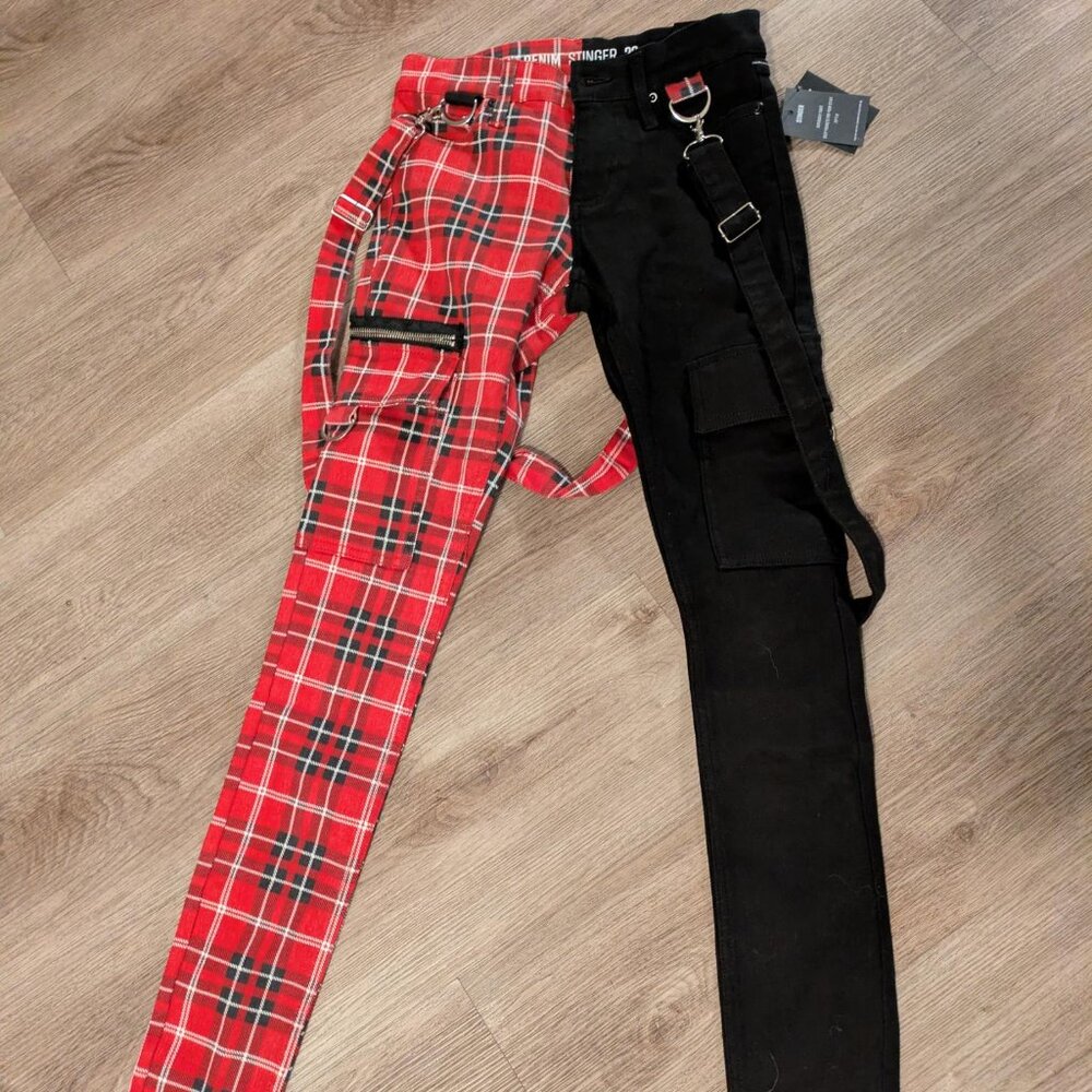 Hot Topic "Stinger" pants, black and red plaid bondage pants